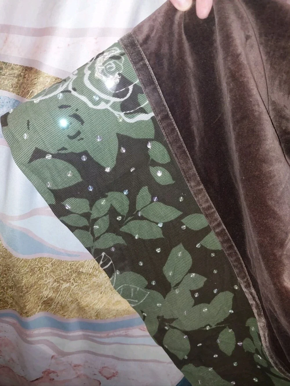 Vintage Boden Brown Velvet Skirt with Green Leaf Trim 18l